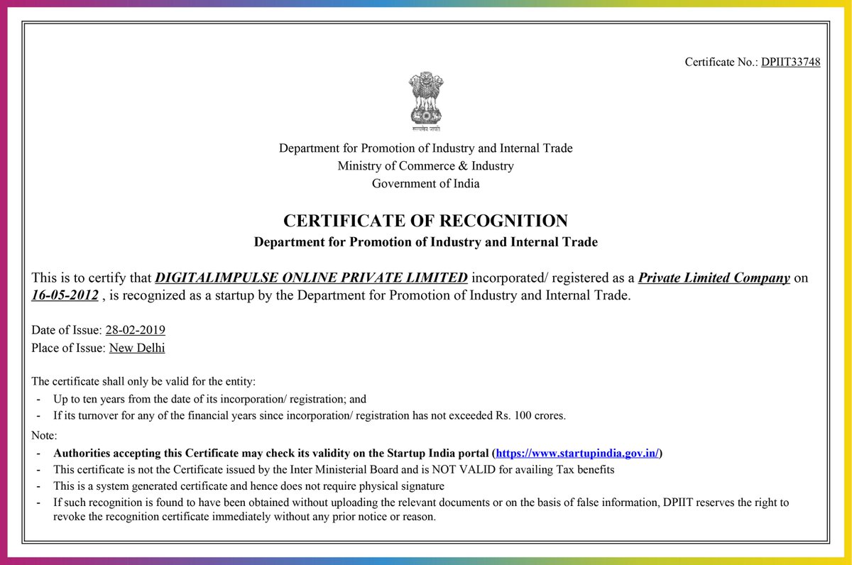 ECT4's tweet photo. โThe journey of a thousand miles begins with one stepโ- Lao Tzu
DigitalImpulse Online Private Limited has been Recognized as a Startup by the Ministry of Commerce and Industry, Government of India.
We are Grateful for Your Unwavering Faith in Us.
#ECT #SixPL #MilestoneAchieved https://t.co/lQC6e85Kp4