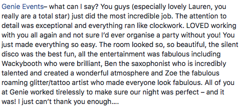GenieEventsLtd's tweet photo. A lovely testimonial from our bat mitzvah family on Sunday #eventmanagement #batmitzvah #eventdecor #production #DJpackages #sax #sound #glittertattoos https://t.co/fA5WBNj4VT