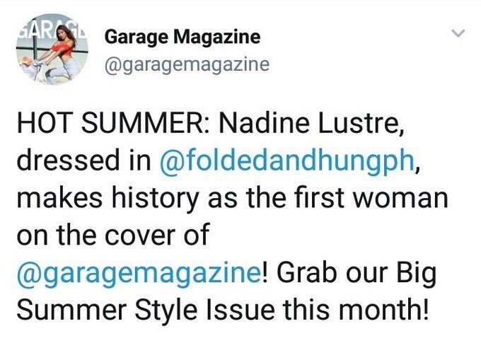 ranbluubaery's tweet photo. Nadine Lustre keeps on making history.

✔️ First local celebrity to have a makeup line with an intl brand

✔️ First artist who became a cover star in the same month in 4 fashion magazines

✔️ First woman in the cover of Garage Mag

✔️ First brand ambassador of H&amp;M and Skechers https://t.co/s1e3NzZ2tm