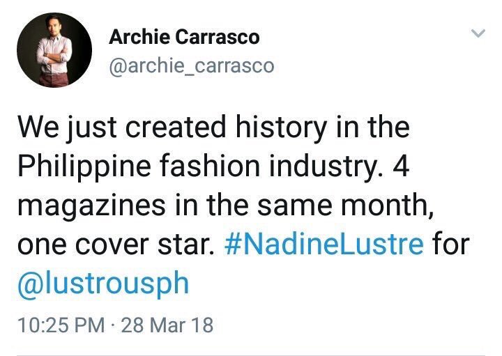 ranbluubaery's tweet photo. Nadine Lustre keeps on making history.

✔️ First local celebrity to have a makeup line with an intl brand

✔️ First artist who became a cover star in the same month in 4 fashion magazines

✔️ First woman in the cover of Garage Mag

✔️ First brand ambassador of H&amp;M and Skechers https://t.co/s1e3NzZ2tm