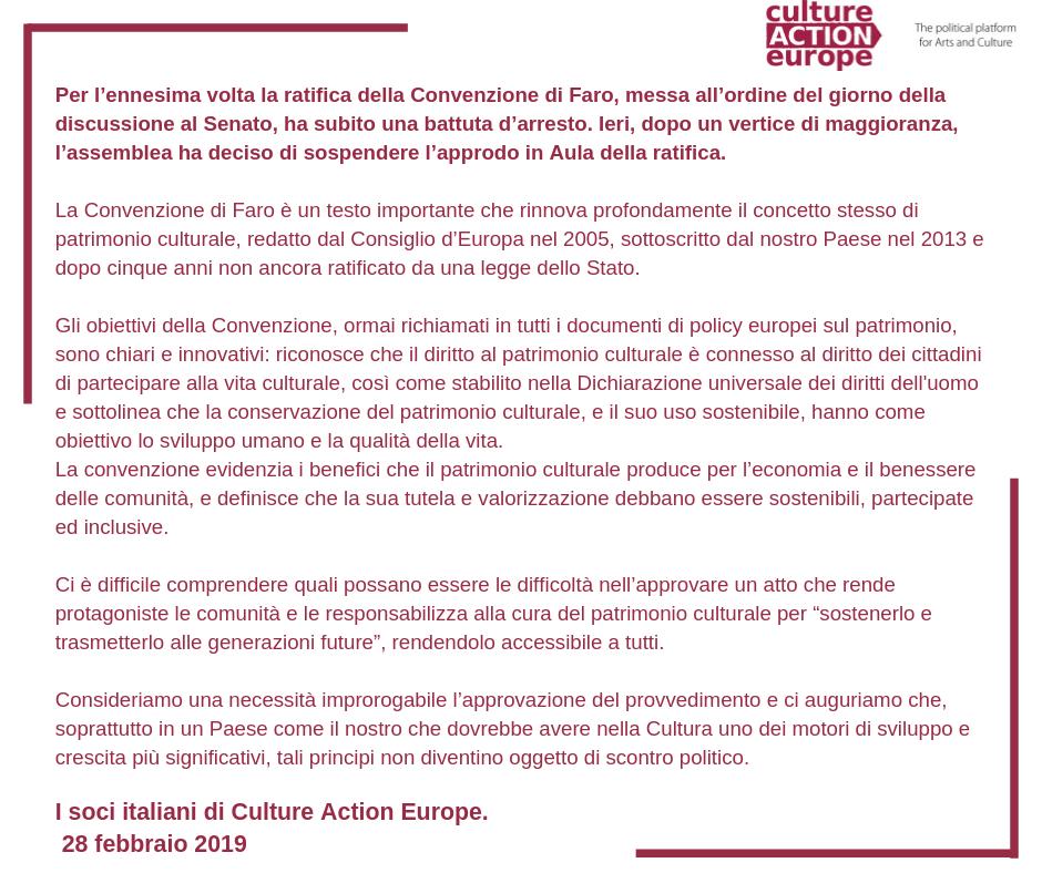 i soci italiani Culture Action Europe in merito alla sospensione della discussione in Senato sulla ratifica della #ConvenzionediFaro 👉 cre-action.it/2019/02/28/com…