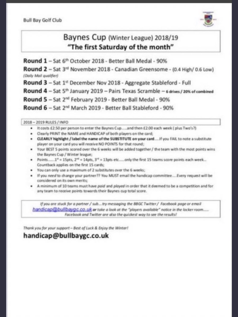 bullbaygolfclub's tweet image. Final Round of the Baynes Cup this Saturday ( Better Ball Stableford) 
Who will be 👑👑 New Baynes Cup Winners ? #stillnotover? #alltoplayfor?