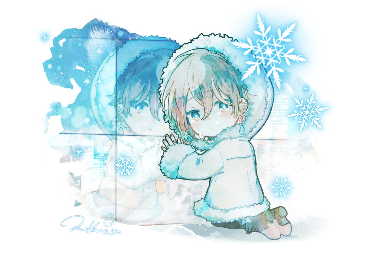 male focus hood snowflakes blue eyes reflection 1boy blonde hair  illustration images