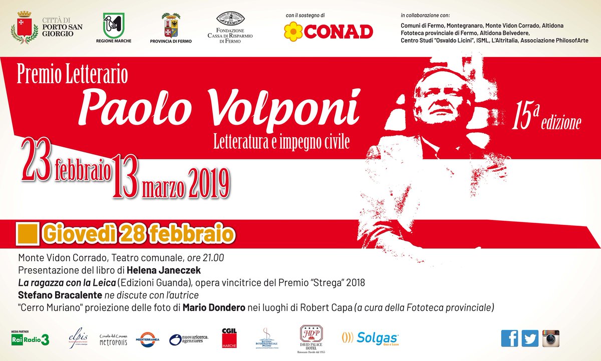 premiovolponi's tweet photo. Appuntamento da non perdere questa sera con il #PremioVolponi: dalle 21 a #MonteVidonCorrado incontro con #HelenaJaneczek, autrice de #LaragazzaconlaLeica, opera vincitrice del #PremioStrega 2018. 
Prevista anche la proiezione delle foto di #MarioDondero nei luoghi di #RobertCapa https://t.co/Zl4w4bZQk7
