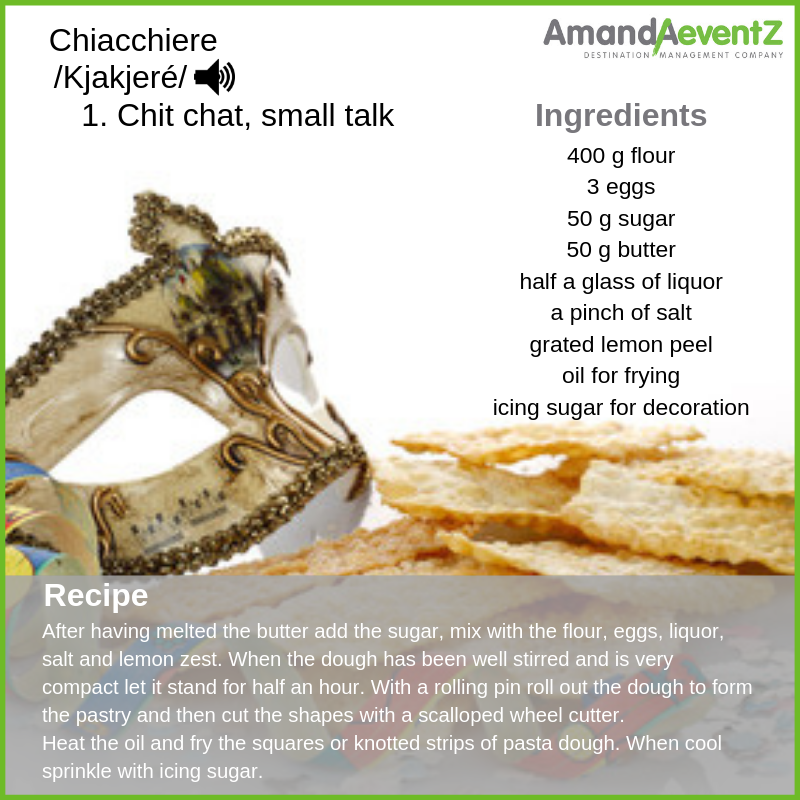 amandaeventz's tweet photo. 🗣️ What’s chit chat for you? 🎭 In Italy during #Carnival, you can have both chit chat and a sweet snack with... the Chiacchiere! 
🇮🇹 Enjoy this traditional Italian recipe and taste it! 
🗪 Chit chat with @amandaeventz to discover how we can make your event joyful all year long! https://t.co/X1aLbur3wL