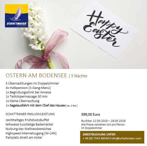 SchattmaierB's tweet photo. Ostern am Bodensee 🌊☀️🌸🐰🌷mit einer Segelausfahrt mit dem Chef des Hauses, Übernachtung im DZ, Halbpension, Begrüßungsdrink, Teilkörpermassage &amp; kleiner Überraschung 
https://t.co/idNz31MFjG #bodensee #sailing #hotel #sportboot #wellness #übernachtung #ostern #easter https://t.co/D6WTQexAkT