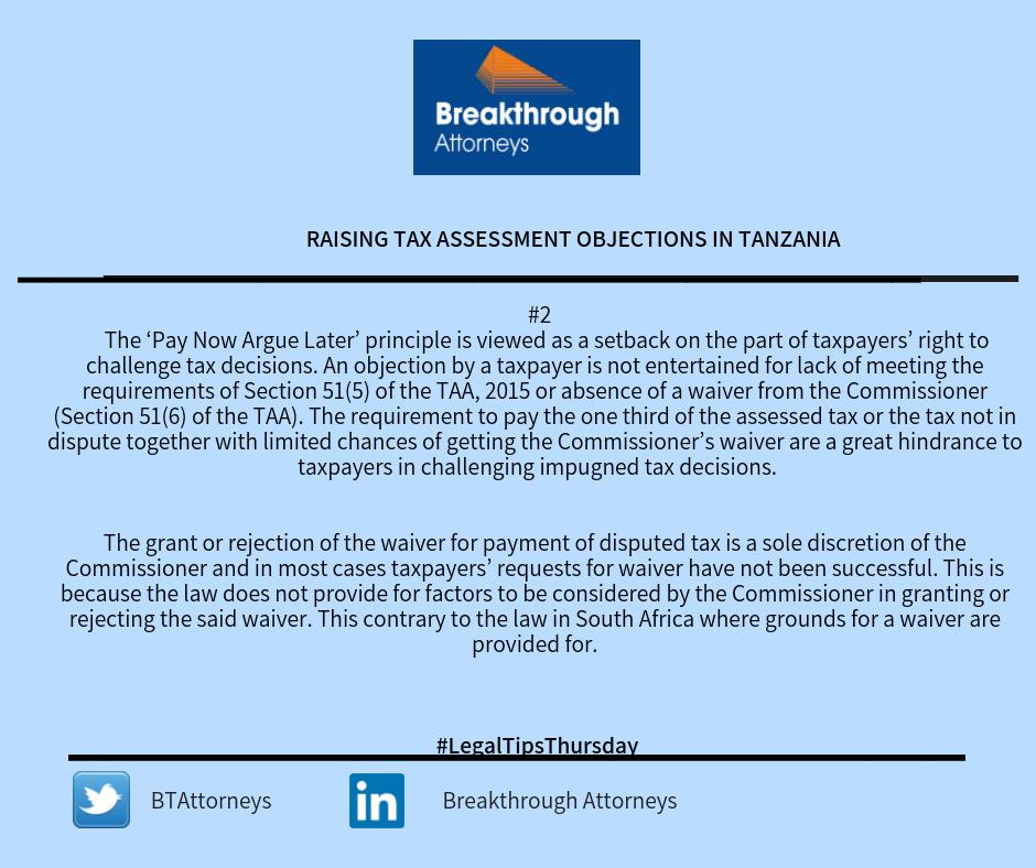 BTAttorneys's tweet image. On this week's Legal Update, the Tax Department at Breakthrough Attorneys provides a snapshot on objections of tax assessments made by the Tanzania Revenue Authority.
#LegalTipsThursday