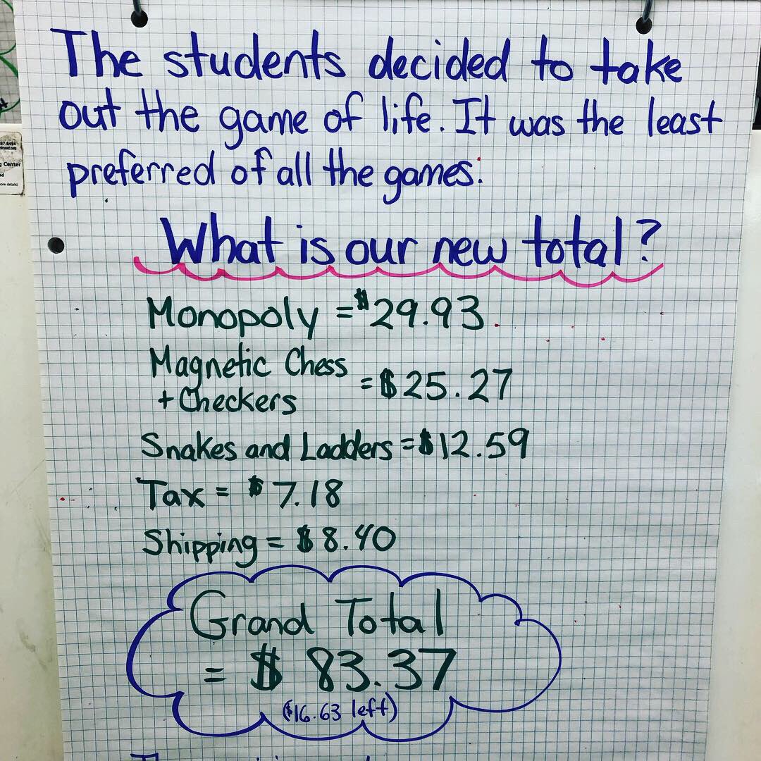 EduInvInspire's tweet photo. Each class at our school has been gifted with $100 from school council. Instead of just purchasing games myself, I decided to turn it into a meaningful problem that my students helped to solve. See their thinking below π€π @MoraineHills #comprehensivemath #meaningfulproblem https://t.co/iegXABqri8