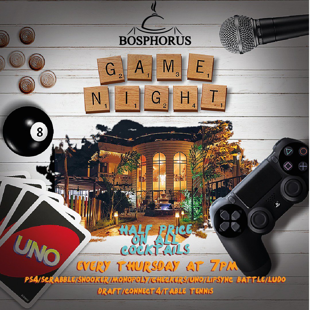 Bosphorus_gh's tweet photo. Half Price on all cocktails all night, playing your favourite games for free, with the coolest people in Accra! And oh, we got 18+ games too! See you tonight. #BosphorusGameNights https://t.co/MXNZmwXWAd