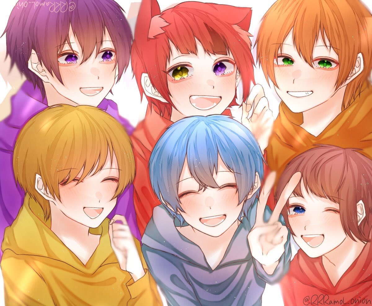 multiple boys purple eyes heterochromia red hair blue hair 6+boys male focus  illustration images