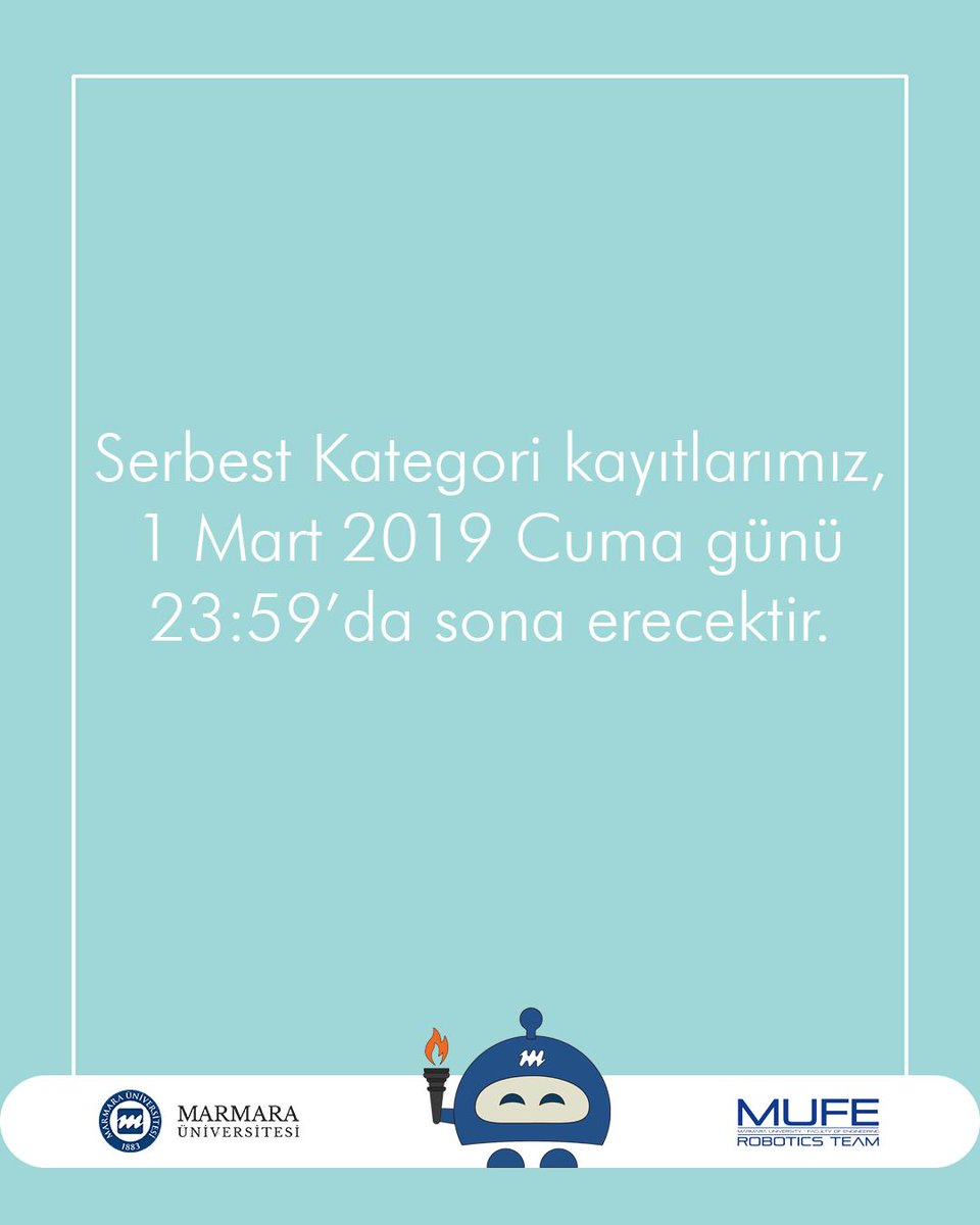 Serbest Kategoriye katılan yarışmacılarımızın dikkatine! 
Proje dosyanızı 1 Mart 2019 Cuma günü 23:59'a kadar olimpiyat.muferobotics@gmail.com adresine göndermeniz gerekmektedir.🤖
