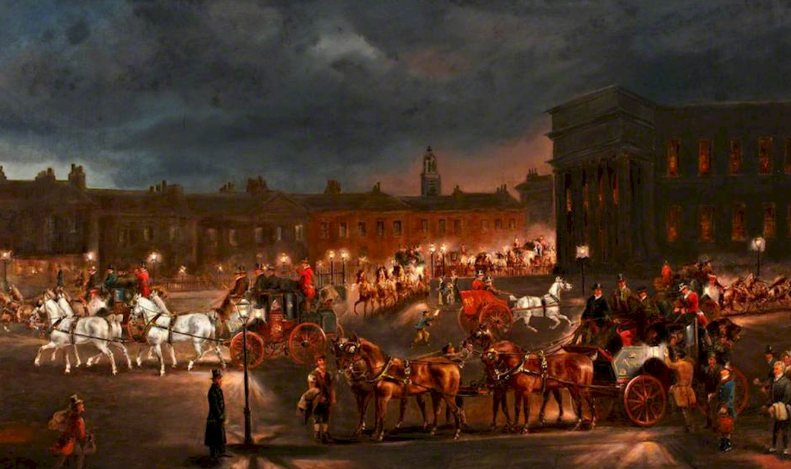 RoyalMail's tweet photo. The departure of the night mail from London was a public spectacle, with hundreds of onlookers gathering to watch the coaches depart. At the time of this painting, by Samuel John Egbert Jones, 27 mails left London each night at 8pm from St Martin’s Le Grand. #ThrowbackThursday https://t.co/d6C1dqzfXL