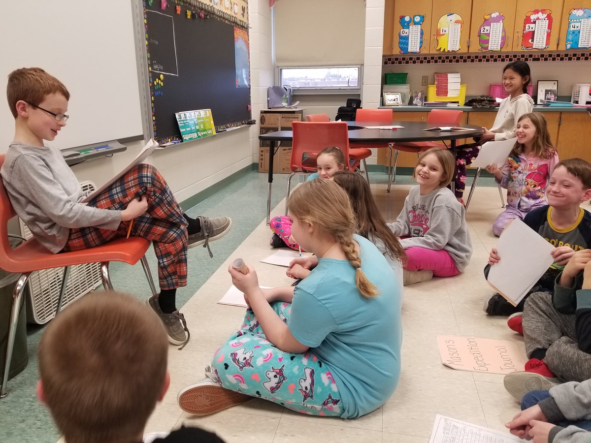 HNSonger's tweet photo. So proud of my students. Today ended our Lewis and Clark unit. They wrote journals as if they were someone on the expedition. Some shared their writings with the class today. (Also it was pajama day) https://t.co/wiXBIcWJXd
