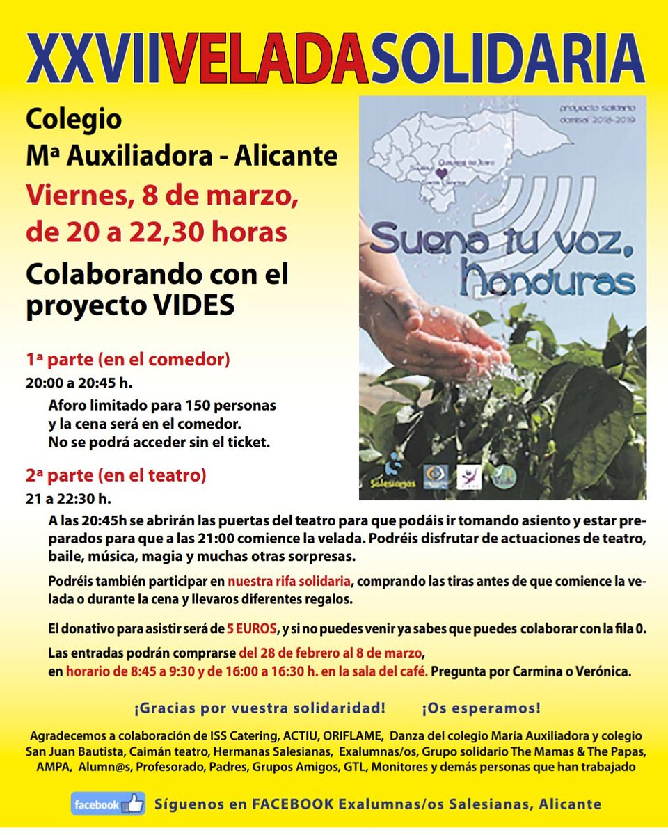 SalesianasALC's tweet photo. 📣El próximo 8 marzo será la XXll #Veladasolidaria organizada por la Asociación de exalumnas/os de nuestro colegio ¡Te esperamos! #aprendiendojuntos #solidaridad #suenatuvozhonduras #entretodos #educación #QueSueneTuVoz @VidesONG @SalesianasEs https://t.co/q7umonxOjD