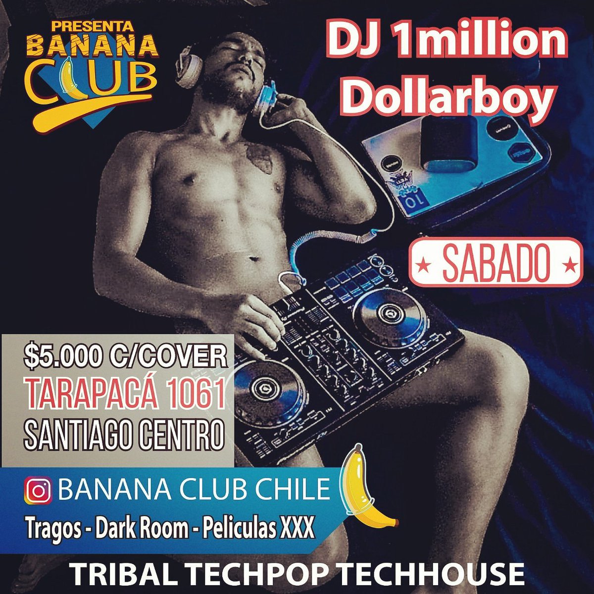 ClubPrivateSan1's tweet photo. Sabado ultima fiesta oficial de Banana Club en Santiago Centro despues solo abra eventos esporadicos los dias Domingos.
Sabado de 00hrs a 5am entrada 5mil c cover.  Guardaropa. Redcompra.
Tarapaca 1061 Santiago Centro. https://t.co/LkcZ9547yx