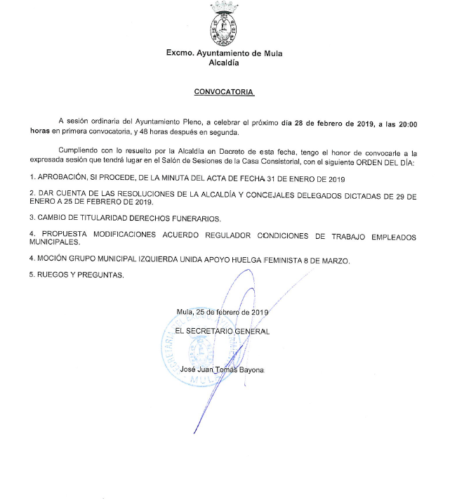 Hoy jueves 28 de febrero de 2019 a las 20:00h retransmisión directo #Pleno #Mula #Febrero2019 @AyuntamientMula