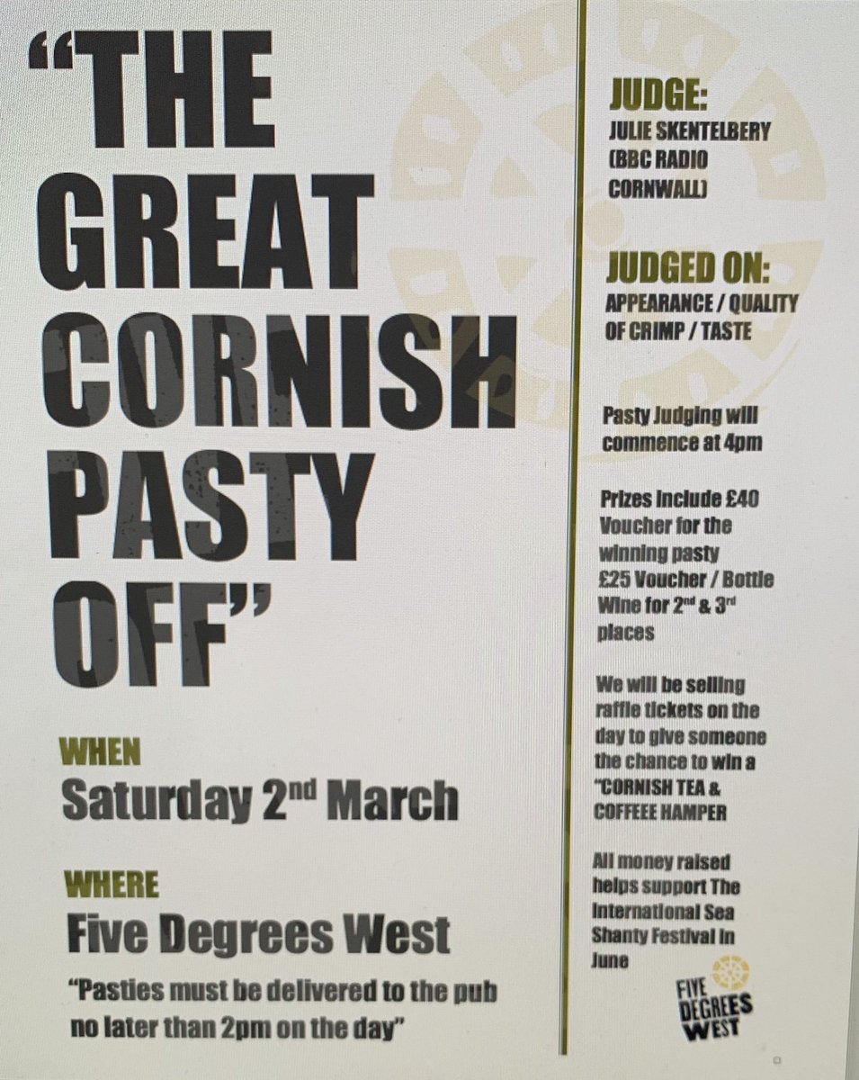 5degreesfal's tweet photo. This Saturday @5degreesfal anyone wishing to enter please message us or call us 01326 311056
Pasties must be with by 2pm on the day #Falmouth #lovefalmouth #cornishpasty https://t.co/2MgCv1oyPF