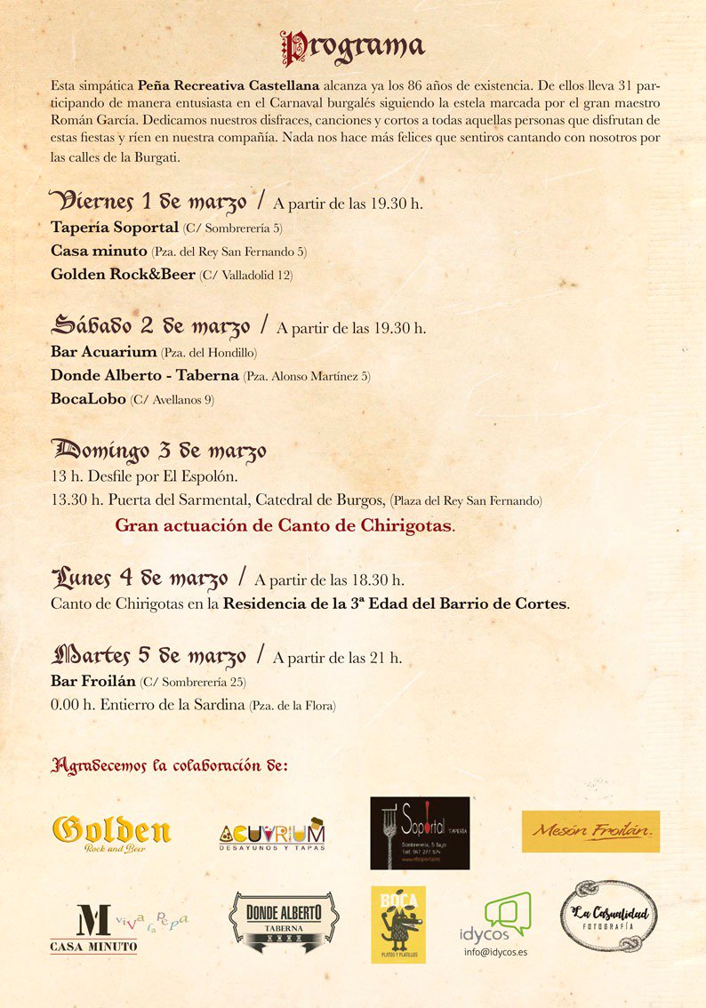 Este #Carnaval no te pierdas a la #ComparsaDeLaRecre, recorriendo ya 31 años las calles de #Burgos, satirizando con humor la actualidad local y nacional. #BurgosenelMundo #Burgosmola