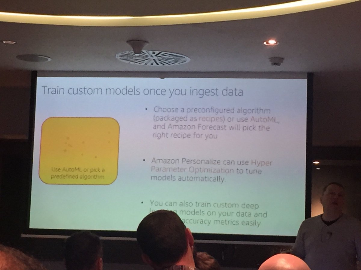 AIUnCorked's tweet photo. Choos prconfigured algorithms (recipes) or AutoML - Train  customer models once you injest data @julsimon AWS Builders Day Dublin #BuildOnAWS https://t.co/gmlX5p72VC