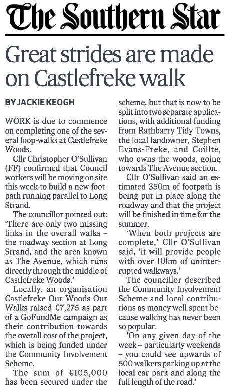 CastlefrekeOWOW's tweet photo. #Castlefreke footpaths update: Southern Star 28th February 2019

@skibbeagle @jimdalytd @coilltenews @C103Cork @SouthernStarIRL @KeoghJackie @cronin_siobhan https://t.co/oeTUJqqsTo