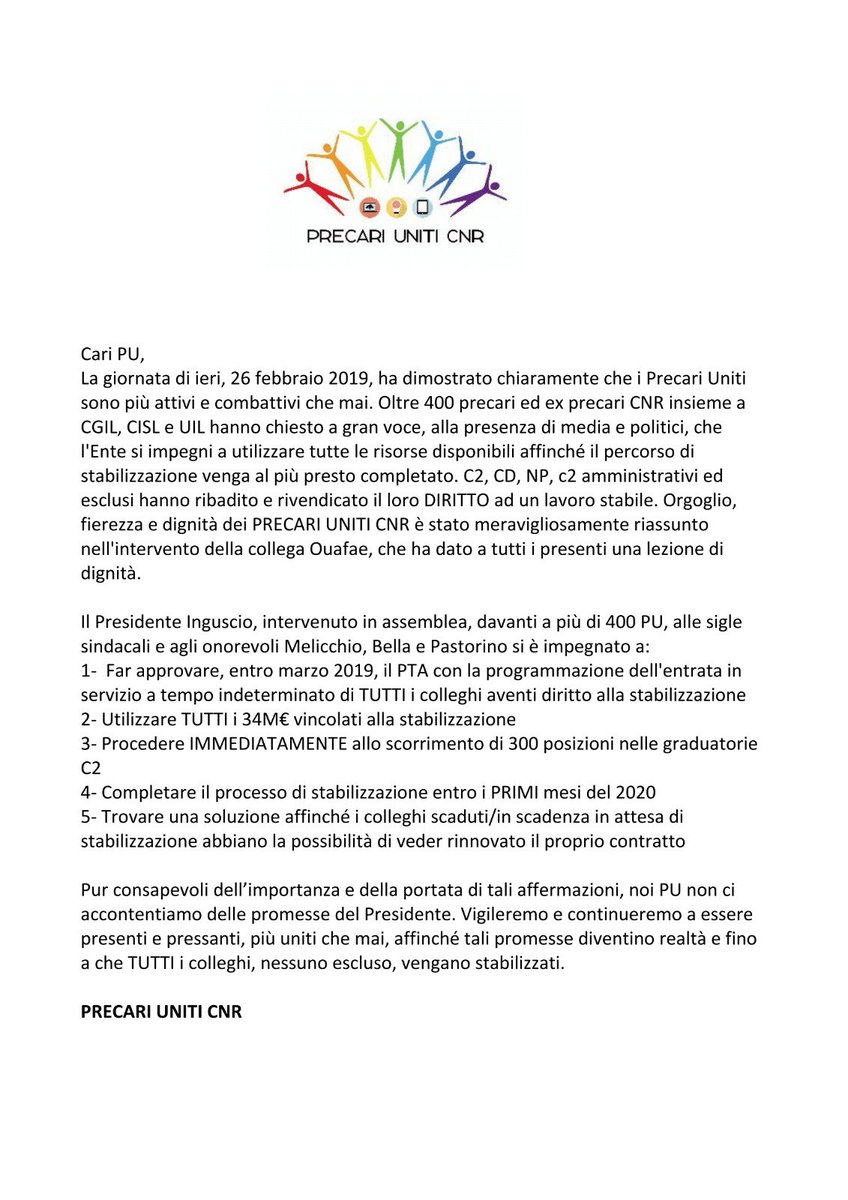 Siamo vivi, e siamo sempre in prima linea per il raggiungimento del nostro obiettivo: l'assunzione di tutti gli aventi diritto <a href="/mariannamadia/">Marianna Madia</a> a <a href="/StampaCnr/">Stampa Cnr</a>. Le promesse del Presidente davanti a più di 400 colleghi e ai rappresentanti politici e sindacali #hearmeroar <a href="/lofioramonti/">Lorenzo Fioramonti</a>