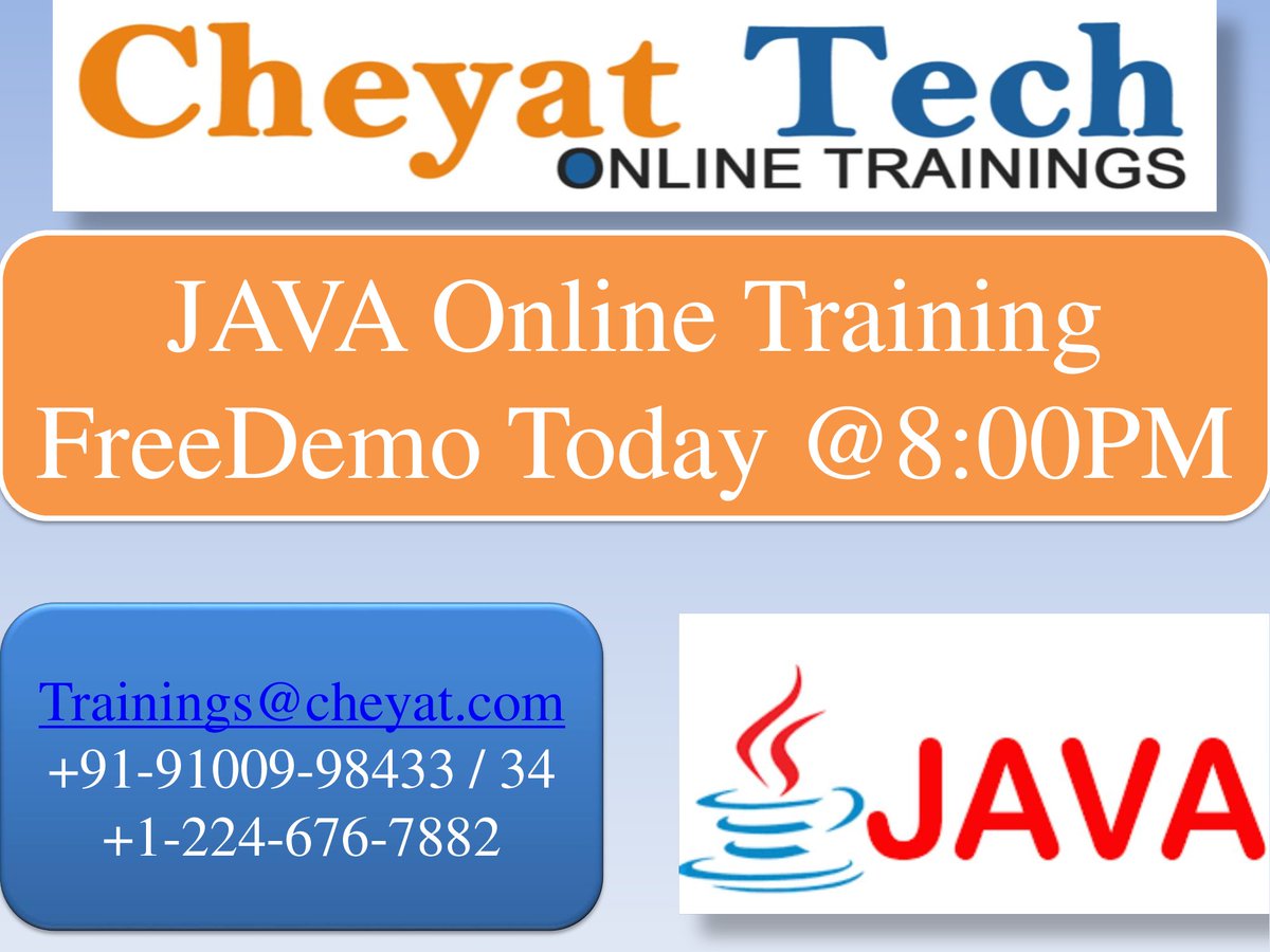 Cheyat_Tech's tweet image. JAVA Online Training Free Demo session Today at 8:00 PM 

Course Content : cheyat.com/java-online-tr…

For more info contact us : Trainings@cheyat.com
India : +91-9100998433 / 34 (WAPP) 
USA : +1-224-676-9882 

#JAVAOnlineTraining #CheyatTechnologies
