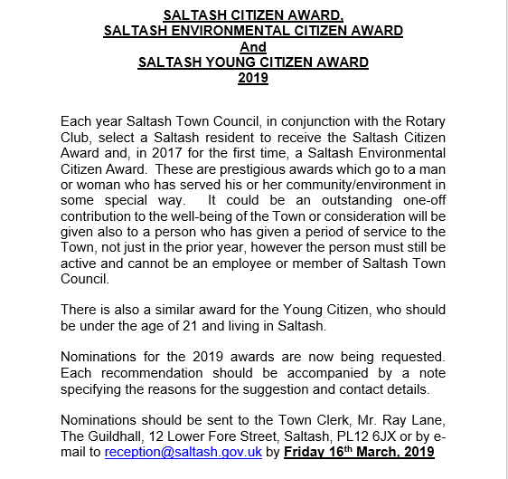 SaltashTC's tweet photo. SALTASH CITIZEN AWARD, SALTASH ENVIRONMENTAL CITIZEN AWARD
And SALTASH YOUNG CITIZEN AWARD 2019 nominations are now open until 15th March.  #stc  #citizenoftheyear #environmentalcitizenoftheyear  #youngcitizenoftheyear https://t.co/PLyxdOzfzm