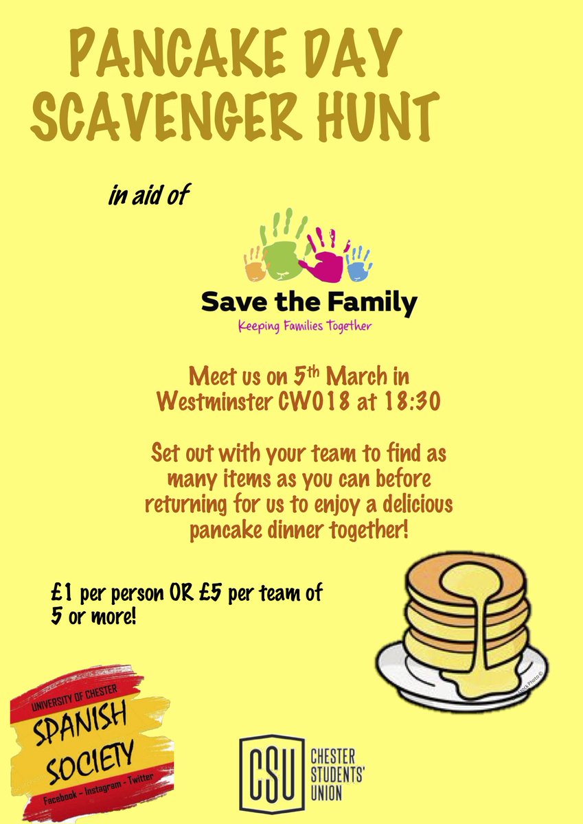 🥞🥞 It's Pancake Day! Got your fix yet? If not, why not join <a href="/chesterspansoc/">UoC Spanish Society 18/19</a> for a Scavenger Hunt, followed by a homemade pancake dinner? Meet up at Westminster 018 at 6.30PM!