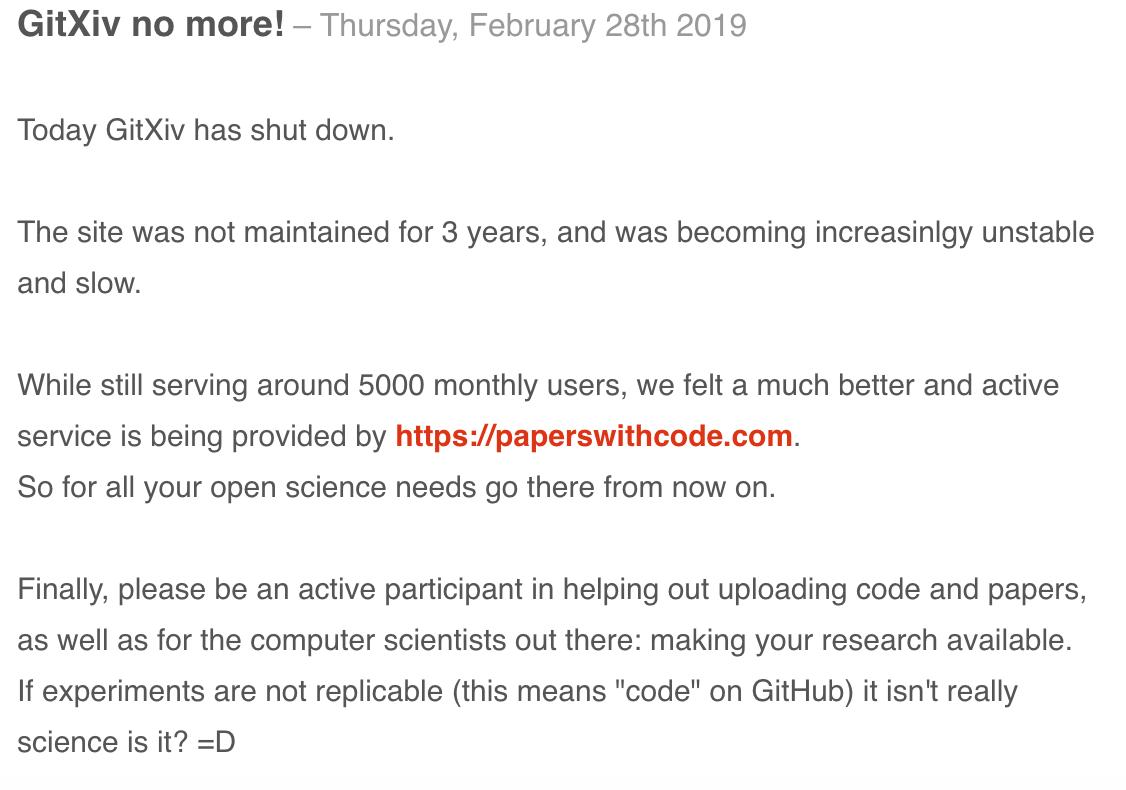 graphific's tweet image. GitXiv is no more, but @paperswithcode is still here =D
Hurray for open science!
#gitxiv