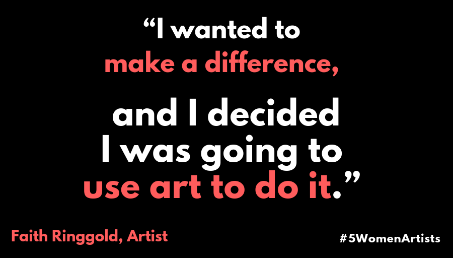 WomenInTheArts's tweet photo. Launching tomorrow: #5WomenArtists 2019! Join us in March, #WomensHistoryMonth, by taking a pledge and sharing #5WomenArtists to champion women in the arts. Let's make a difference together.

Learn more and take a pledge → https://t.co/MsM1ilCigP #FaithRinggold https://t.co/d0dviJ36Dz