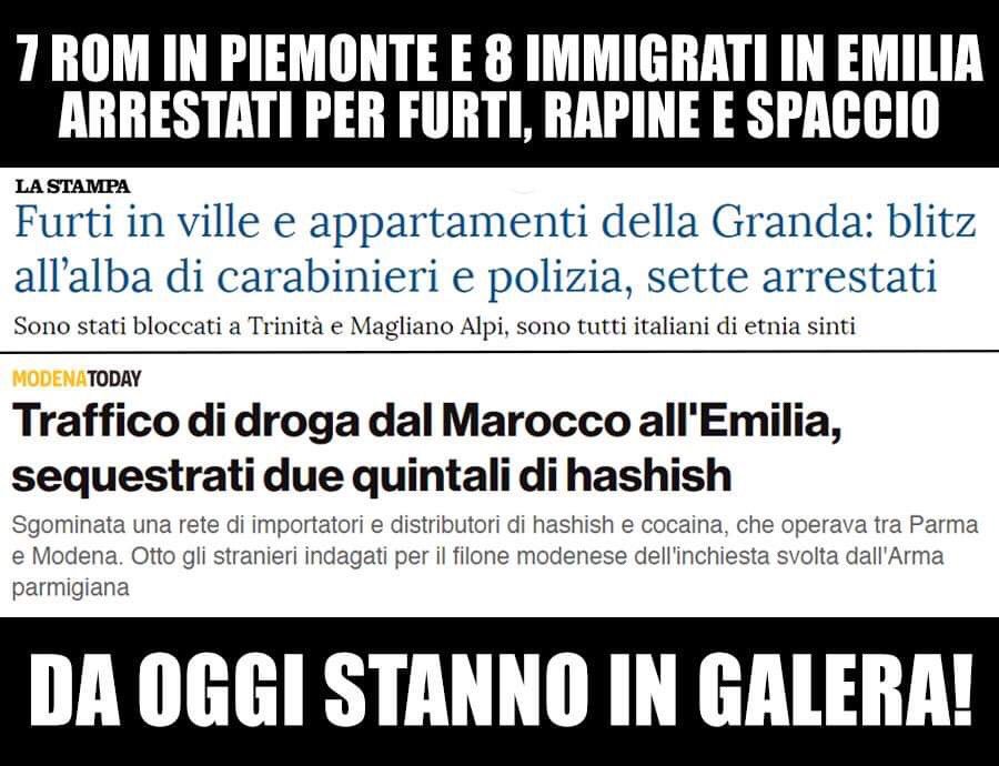 matteosalvinimi's tweet photo. 7 Rom in Piemonte e 8 immigrati in Emilia, arresti per furti, rapine e spaccio di droga. Quante belle “risorse” in giro per l’Italia... Ma da oggi stanno in galera! 
Grazie ai Carabinieri, avanti così. https://t.co/RUPXLAi8MI