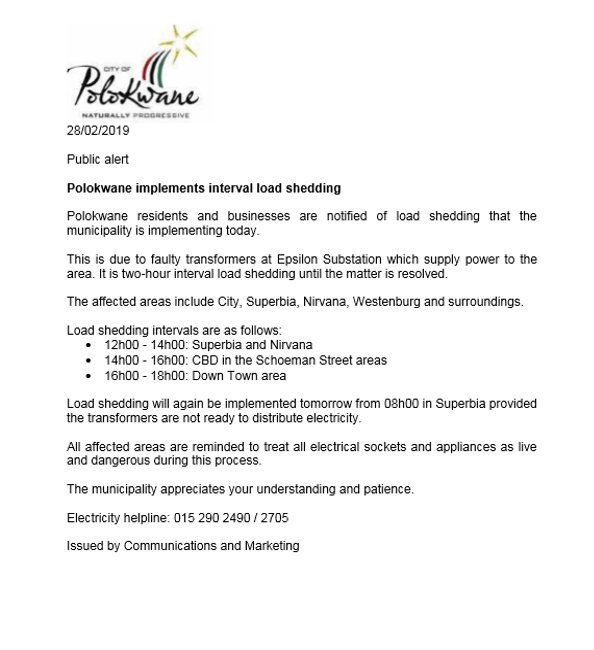 Polokwane Municipality On Twitter Residents And Businesses Are Notified Of The Two Hour Interval Loadshedding Due To Faulty Transformers At Epsilon Substation Which Supplies Power To The Area The Affected Areas Include City
