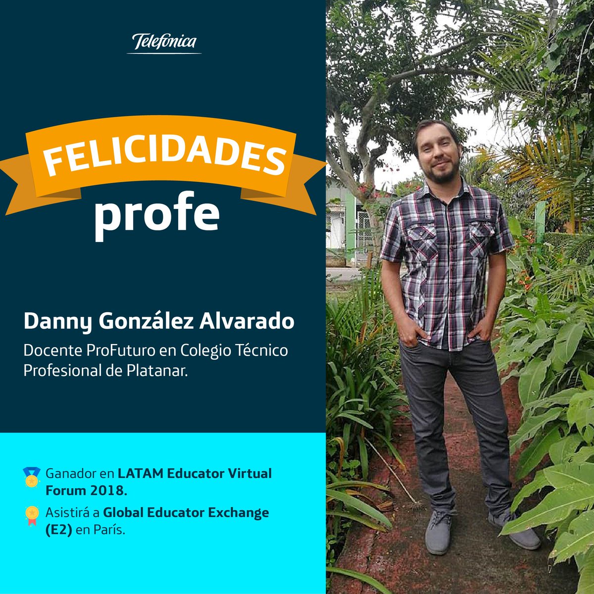 FTelefonicaCR's tweet photo. Es uno de los 20 ganadores del LATAM Educator Virtual Forum 2018 🙌🏾🎖 con su proyecto en el que incorpora el uso del smartphone en el proceso de aprendizaje de sus estudiantes 🧒🏾👩🏽📲 Gracias a este premio, asistirá al Global Educator Exchange (E2), a realizarse en Francia. https://t.co/SD6aOPe0M8