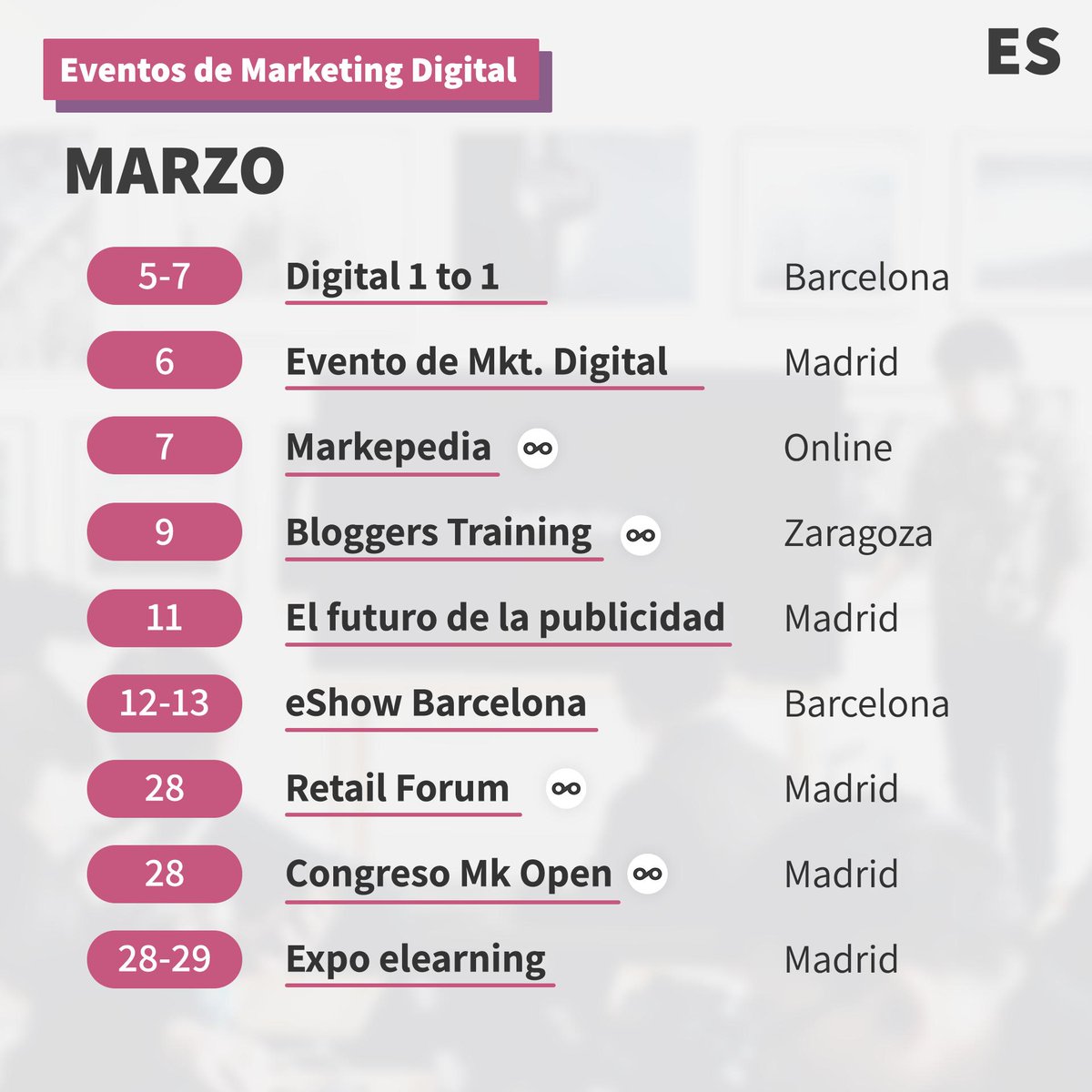 Metricool_es's tweet photo. EVENTOS DE MARKETING DIGITAL EN MARZO 🇪🇸

¡Empieza la época de eventos! 🕺🏻💃🏻 ¿Ya tienes organizada tu agenda de eventos para este mes que viene? 🗓️🚀

(Abro hilo) https://t.co/ZFQAN4OB4N