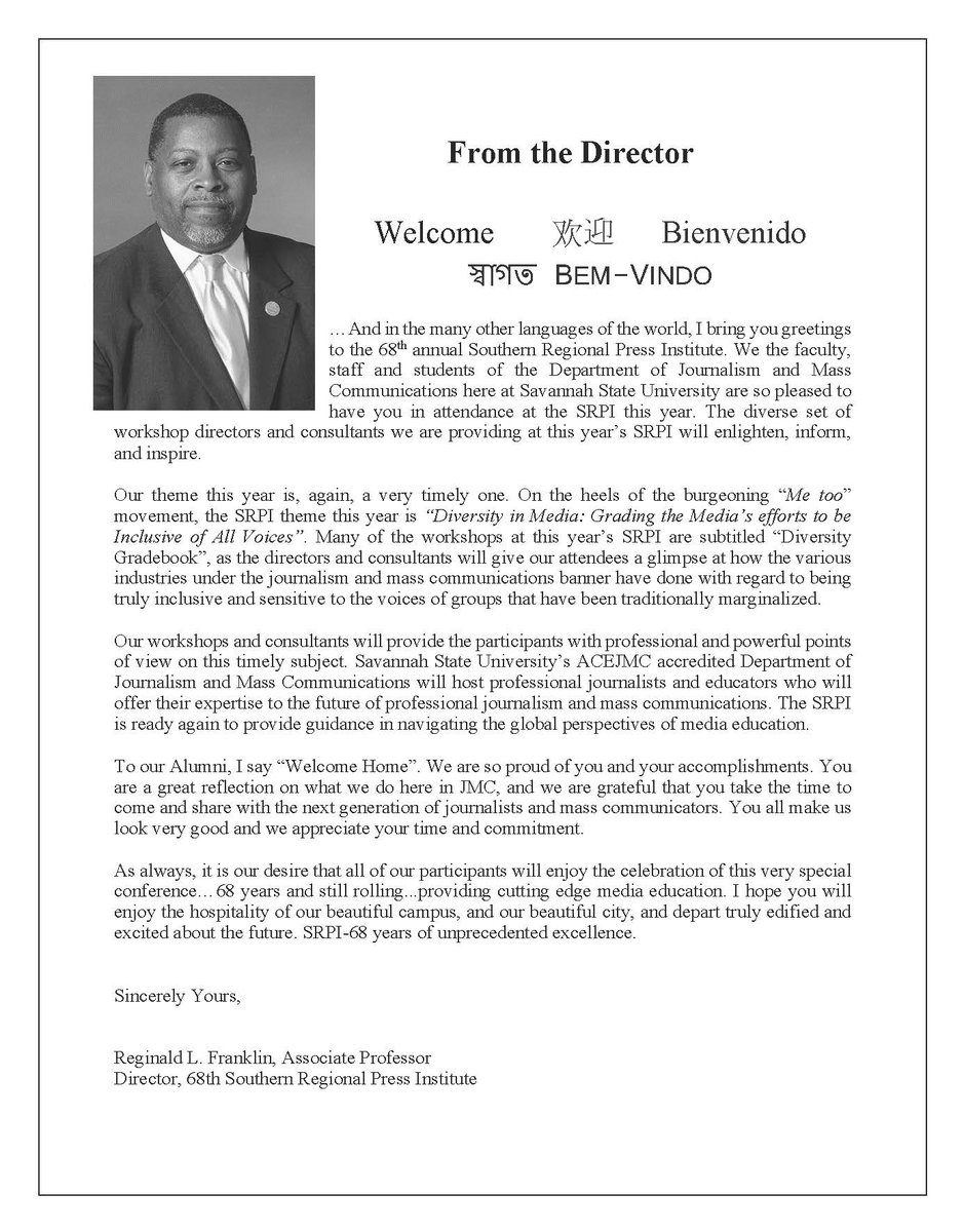 SSUSRPI's tweet photo. I bring you greetings to the 68th annual SRPI. We the faculty, staff and students of the Department of Journalism and Mass Communications here at #SSU are so pleased to have you in attendance at the #SRPI this year.-Reginald L. Franklin, Associate Professor, Director, 68th SRPI https://t.co/tuBCTHGOx1