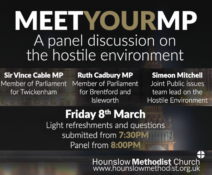 URCPublicIssues's tweet photo. Meet Your MP event, SW London
with @vincecable  @simeonjmitchell 
Next Friday, 8th March
@URCCAS @PublicIssues @urcmedia @MethodistGB @baptistuniongb 
#Hounslow #Richmond #Twickenham #Isleworth #Brentford #hostileenvironment #endhostility #immigration #politics #faith https://t.co/CNf5lAFSNO