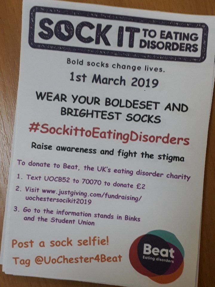 Join us tomorrow in wearing your brightest and boldest socks to say #SockItToEatingDisorders 

@uochester @ChesterSU #EDAW2019 #EatingDisorderAwarenessWeek