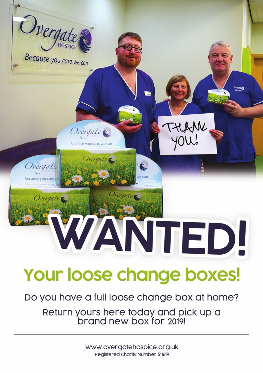 OvergateHospice's tweet image. Got one of our loose change boxes in your home or workplace? Why not drop it off at the Hospice or any of our shops and we can put it straight to work helping to provide end of life care to the people of Calderdale. You can also pick yourself up one of our new boxes for 2019!