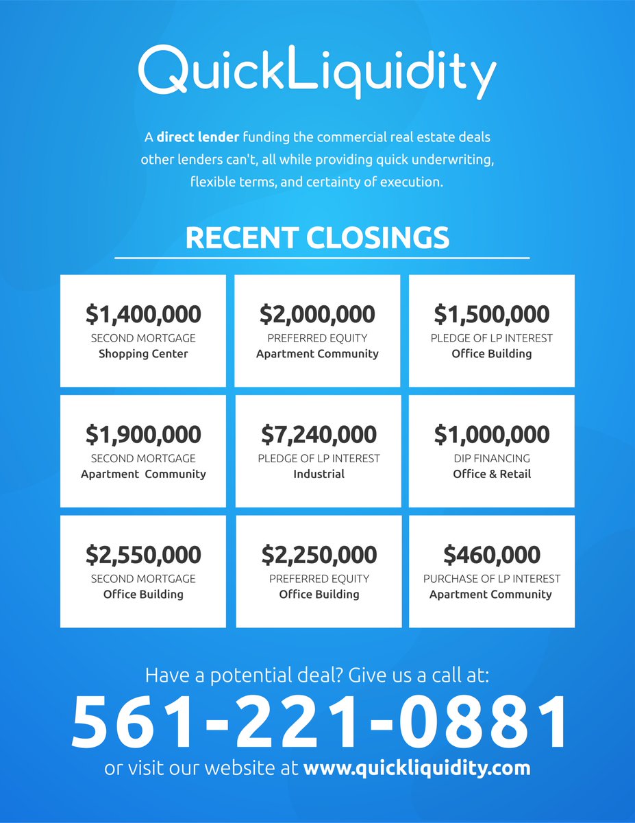 QuickLiquidity's tweet image. Congratulations to the entire QuickLiquidity team! Helping our borrowers with time-sensitive and complex transactions is at the heart of what we do everyday. Our success is not only determined by the returns we generate, but by the relationships we build.