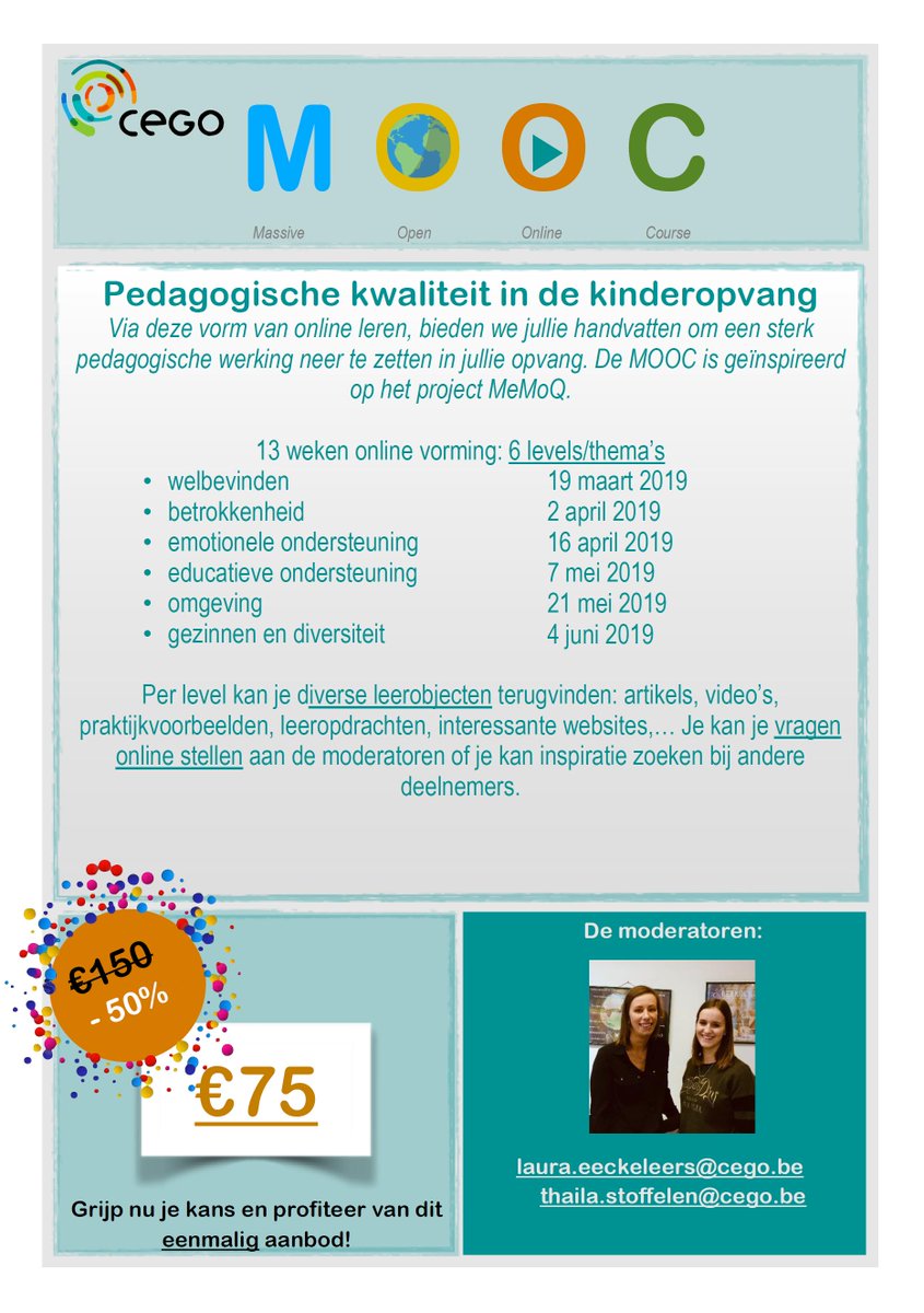 T_h_a_i_l_a's tweet image. Wil je graag vormingen volgen maar zijn deze steeds te ver of op een moment wanneer je niet kan? Een MOOC biedt de oplossing! Een MOOC is een online vorming die je kan volgen waar en wanneer je wil. Lees meer op onze website: vorming.cego.be/mooc  #mooc #kinderopvang #cego