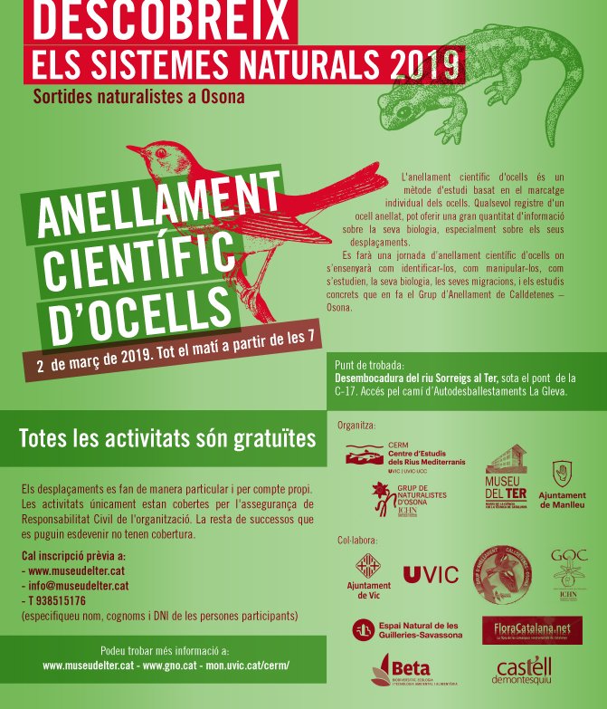 Ull viu! 👀 Que aquest dissabte 2 de març encetem el cicle de sortides #naturalistes amb un anellament científic d'#ocells! 🐦

Serà a la desembocadura de la riera de #Sorreigs al #Ter a partir de les 7 h del matí. Tots els detalls al nostre web 🔗gno.cat/event/anellame…