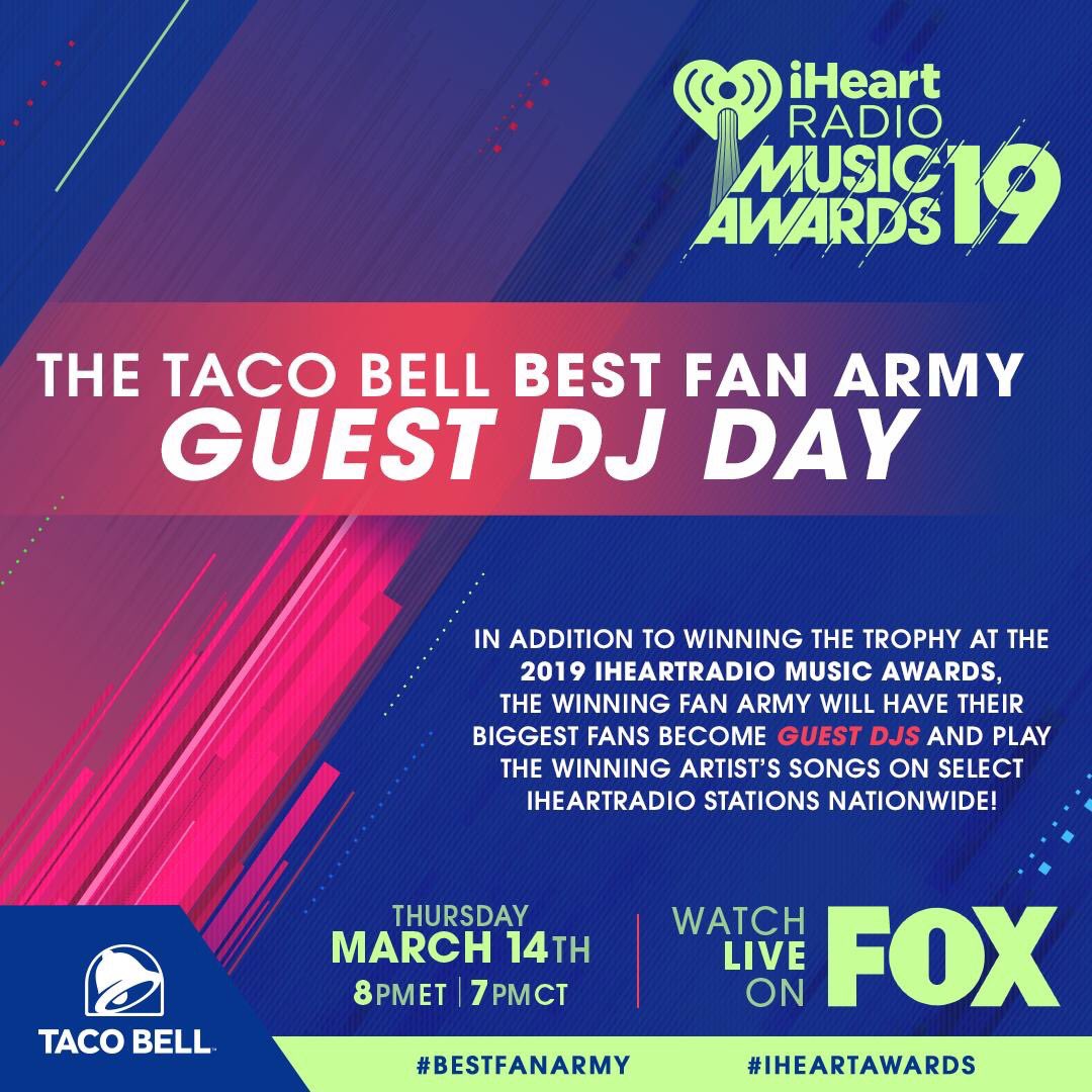 iHeartRadio's tweet photo. #MendesArmy ♥️ Today is your @tacobell #BestFanArmy VOTING SPREE DAY! We will be giving out some amazing @ShawnMendes prizes to some lucky fans who vote on Twitter today! 

Use #MendesArmy @tacobell #BestFanArmy #iHeartSweepstakes #iHeartAwards to enter! https://t.co/ICX5v4a8pV