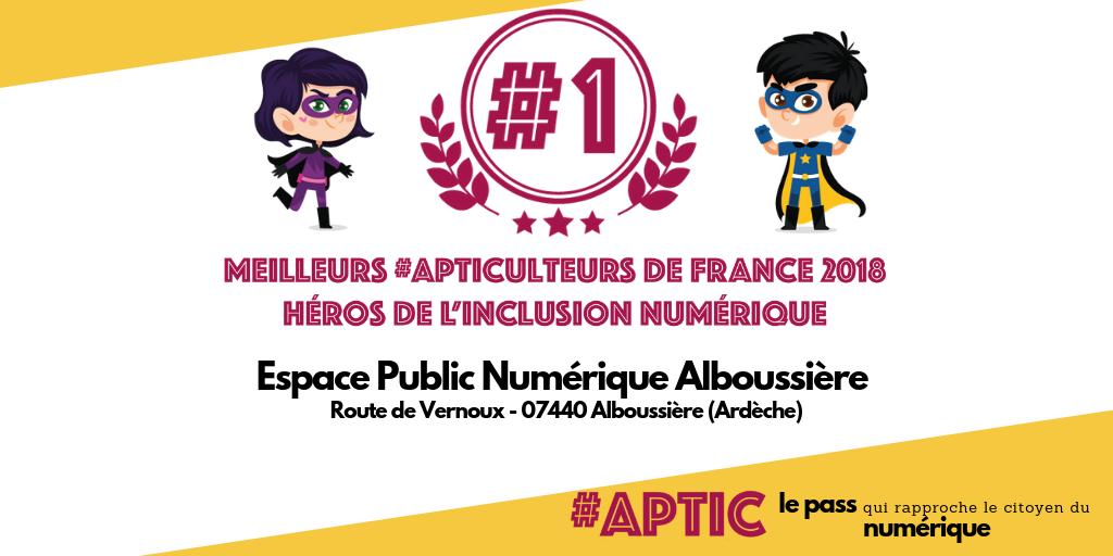 aptic_lepass's tweet image. 🎉 un grand 👏 à l'EPN Alboussière
cc @Prefet07 @SMInforoutes @Ardeche_07 🏆

Et bravo à tous les #apticulteurs et #apticultrices de France ! 🥂🍾
Déjà +160 lieux qualifiés partout en 🇨🇵 et vous êtes dès à présent le plus grand réseau de super-héros de l'inclusion! 👍💪