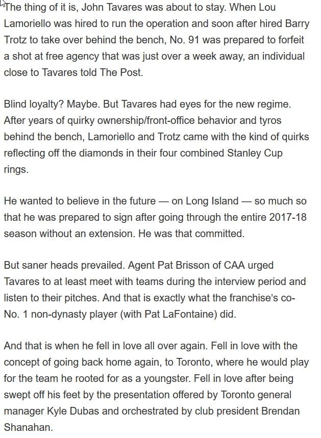 Account4hockey's tweet photo. Holy shit. Tavares was going to re-sign with NYI until Pat Brisson convinced him to take the meetings. Then Dubas/Shanny blew him away with their presentation. 

From: https://t.co/ZBhYAsvnwI https://t.co/AWGzVC5YNs