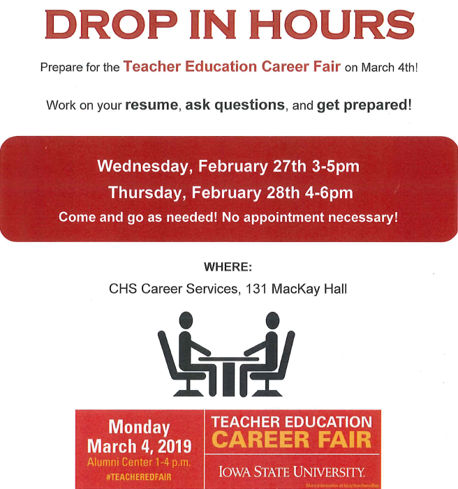 ISU_TES's tweet photo. Prepping for the #teacheredfair? @HSCareerServ is having extended hours today (till 6) for their Drop In Hours (you can work on your resume and ask about other career fair best practices) https://t.co/phvMaTpc7G