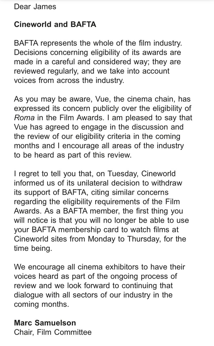 jamesjonesfilm's tweet image. Wow. Cineworld withdraws its support of BAFTA over concerns about the eligibility of Roma in the Film Awards.