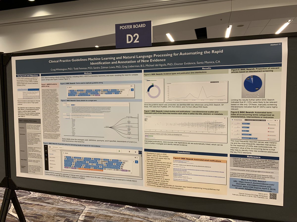 whittington_cj's tweet photo. Ready for poster session at ASCO SITC/#ImmunoOnc19 Looking forward to discussing how @DoctorEvidence DOC Search uses AI, an important step towards living guidelines. https://t.co/kW3DokAJiX