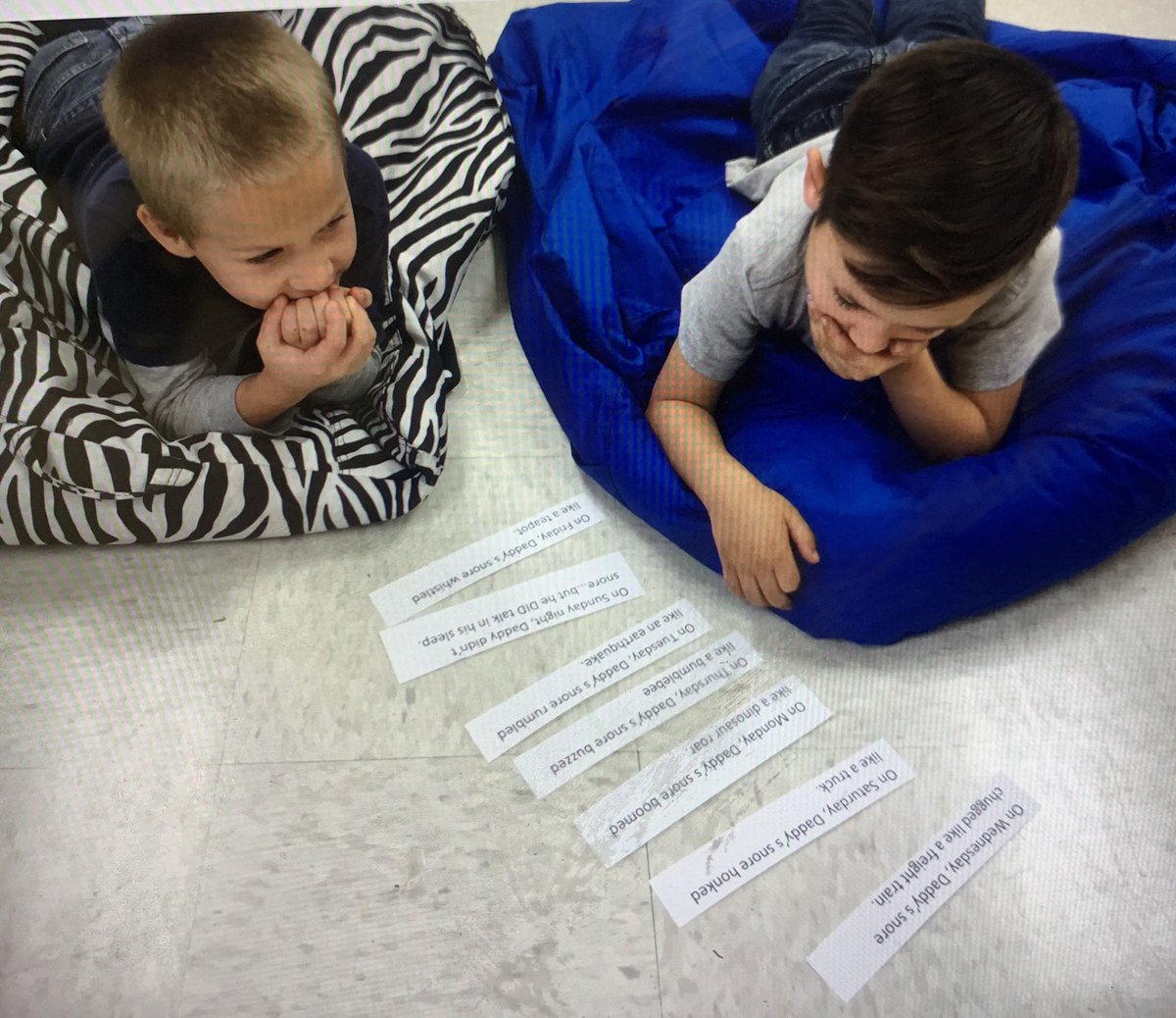 Bmcelroy777's tweet photo. @lead4ward Mystery Sequence and Re-sequence.  We read My Daddy Snores. The students had to use their listening skills and then put the events from the book in order. #gobeyondlampasas #gearingupTCE https://t.co/wYD8zAGucU
