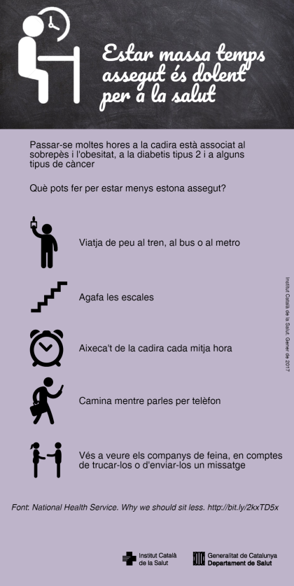 icscat's tweet photo. #Bondia! Passar-se moltes hores assegut a la cadira està associat al sobrepès i l'obesitat, a la diabetis tipus 2 i a alguns tipus de càncer. A la feina, mou-te!
https://t.co/DKqYEA1UPG https://t.co/OzQzdTInwI