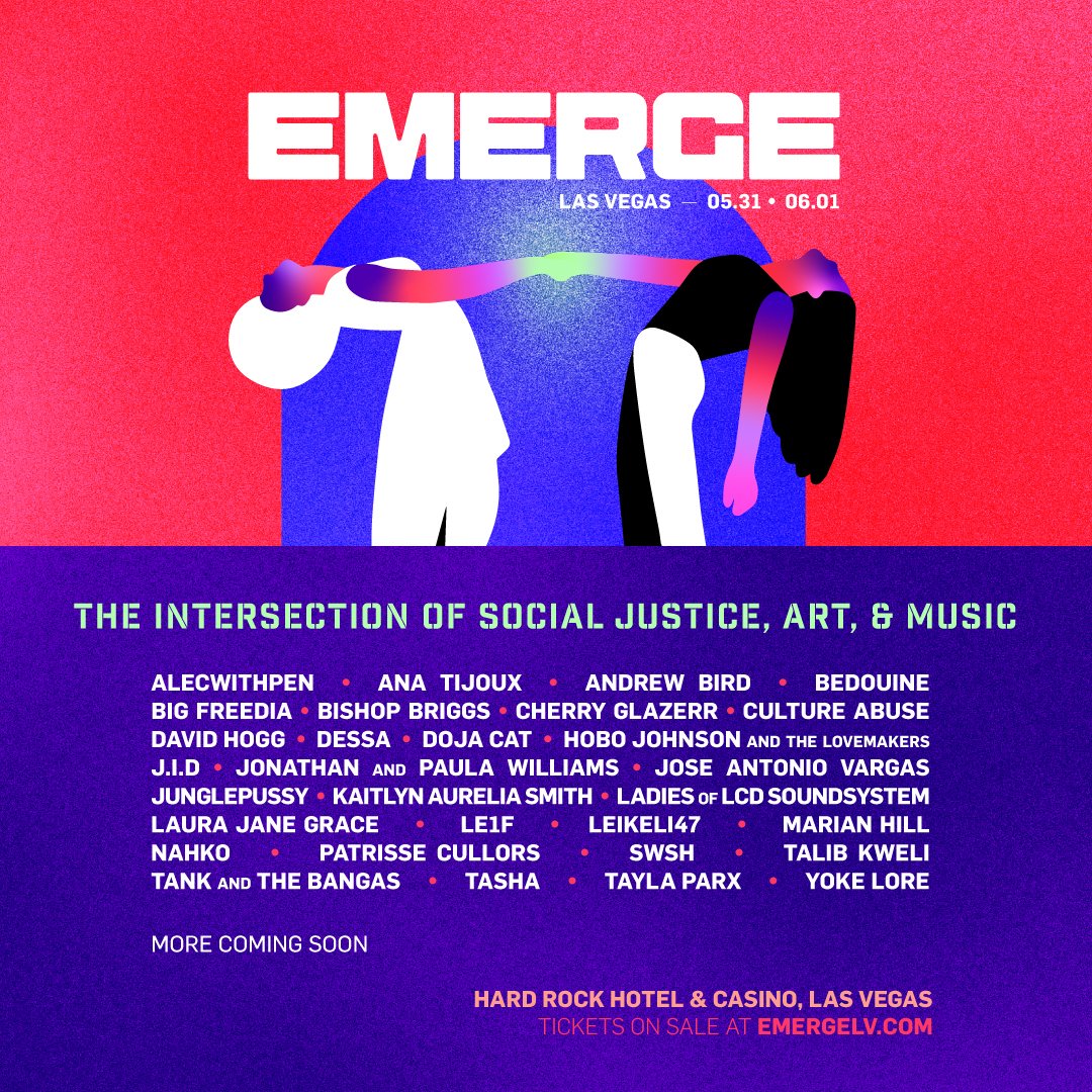EmergeLV's tweet photo. 🗣JOIN THE REVOLUTION AND EMERGE 🗣
Emerge fest is back again for two days  @HardRockHotelLV.  with many artists, featuring @andrewbird , @TalibKweli, @JIDsv and many more...
#emergefest #protestdifferently #socialimpact #emerge https://t.co/xWyexKJtGC